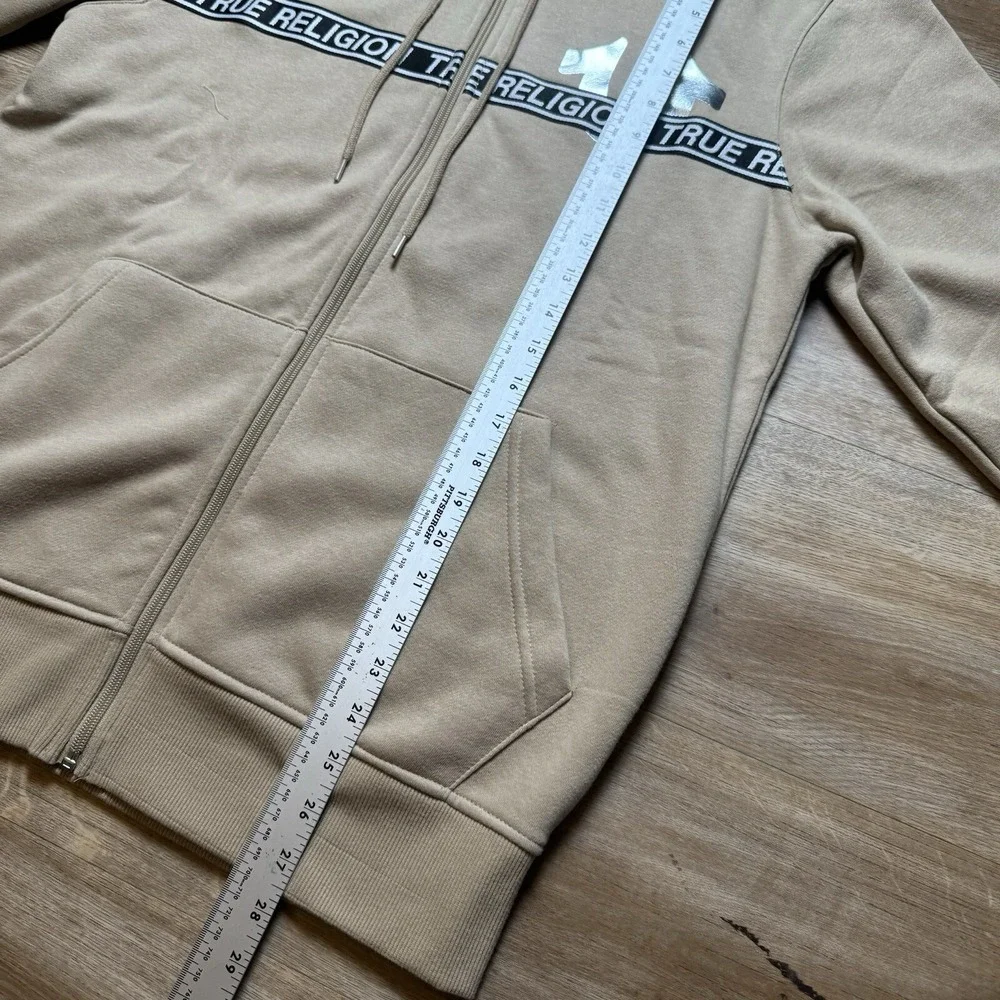 True Religion Zip Hoodie Men Medium Travertine Beige Foil Logo Taping 700315 New